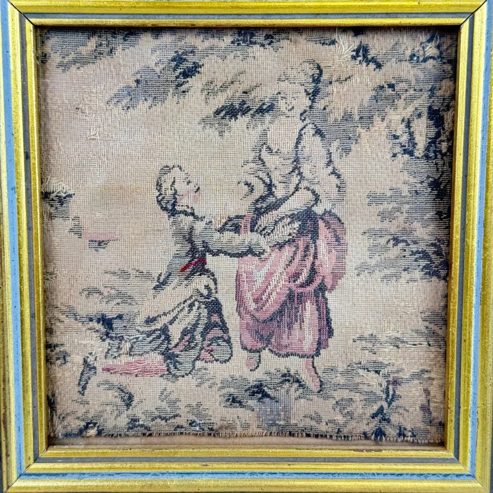 Vintage Framed Petit Point Needlepoint Romantic Couple Tapestry Wall Art 9